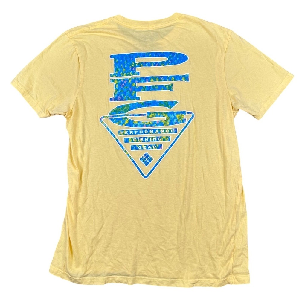 Columbia PFG Graphic T-Shirt Mens Medium Yellow Performance Fishing Gear Cotton